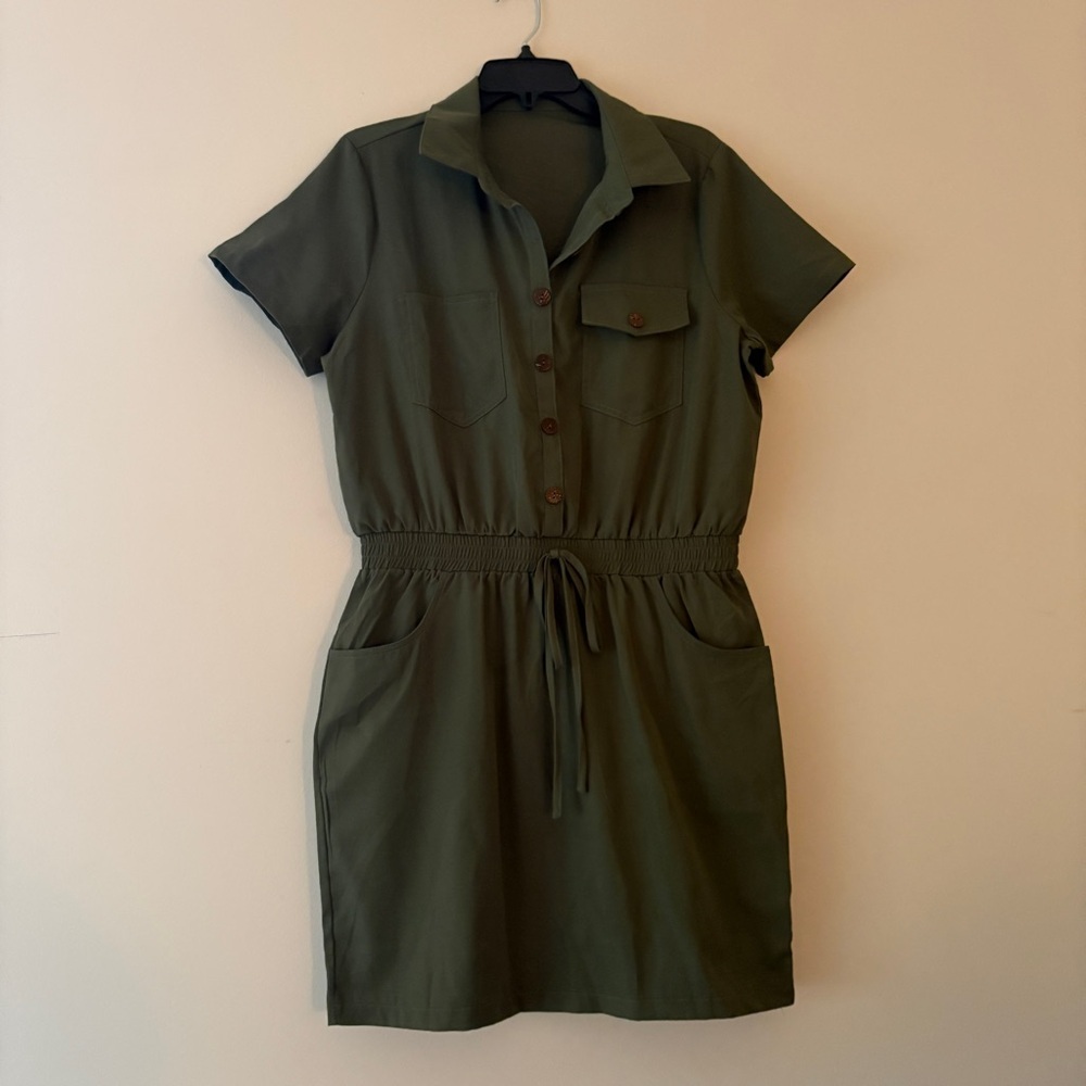 SHEIN Womens XL Army Green Button Front Short Sleeve Shirt Dress with Drawstring